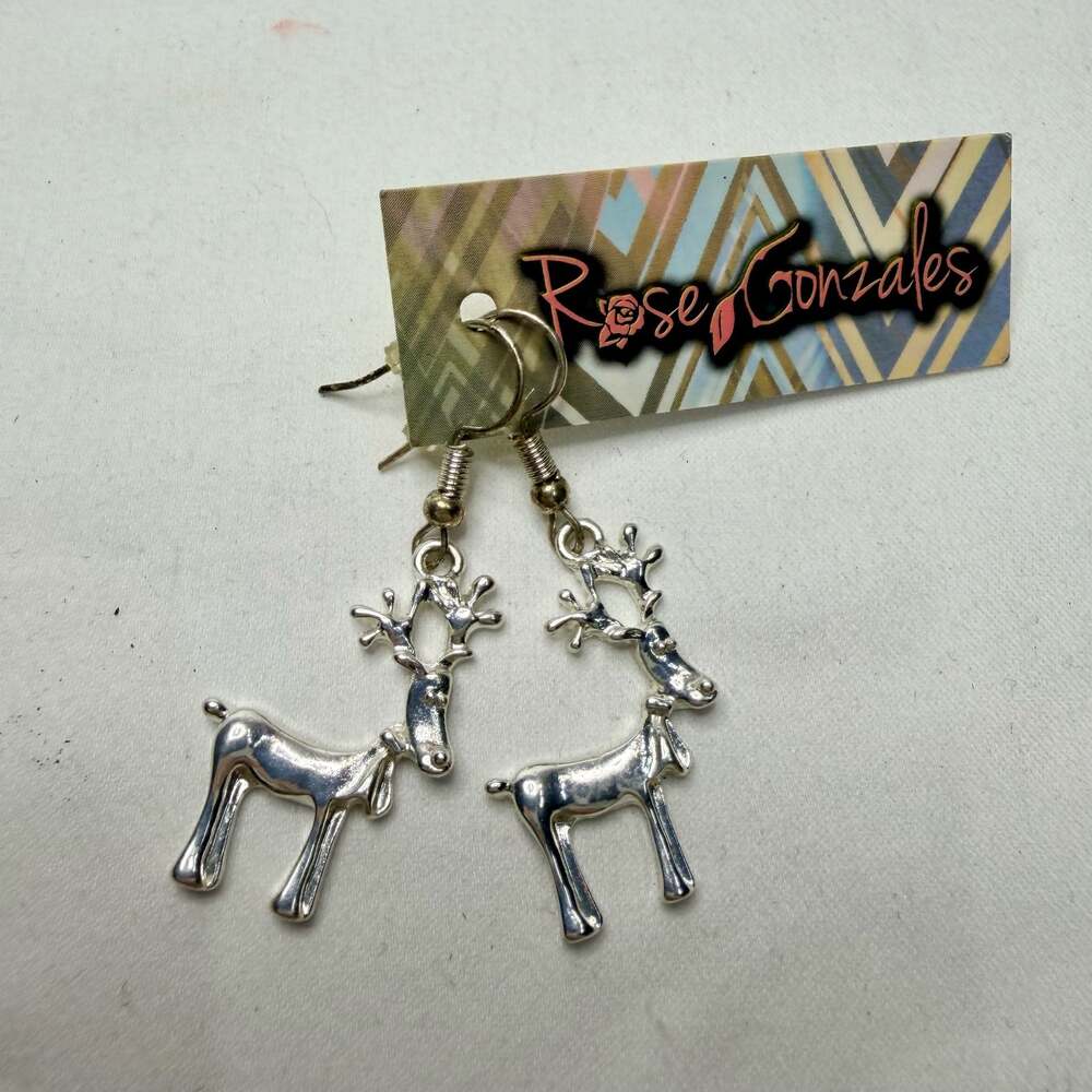Rose Gonzales Silver Tone Reindeer Christmas Dangle Earrings